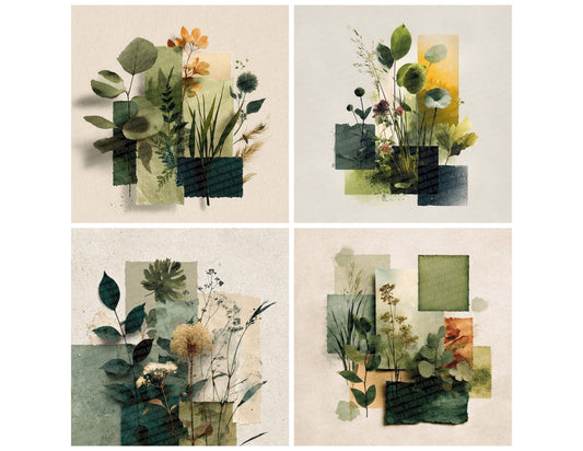 Green Botanical Collage Background Digital Paper Pack (DDD000089)
