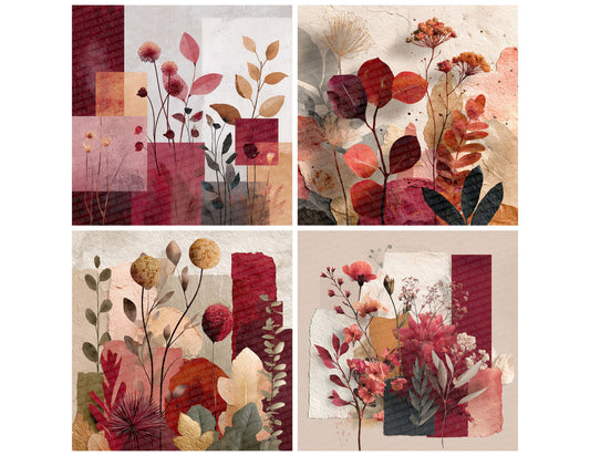 Red Botanical Collage Background Digital Paper Pack (DDD000096)