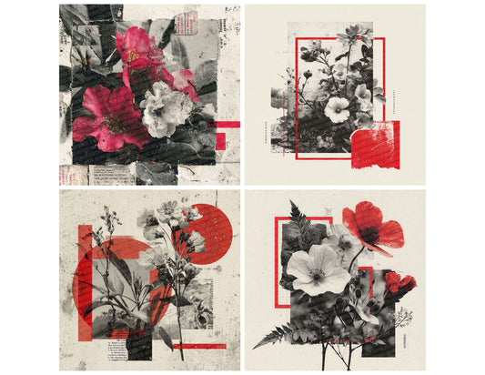 Red Overprint Floral Collage Background Digital Paper Pack (DDD000097)