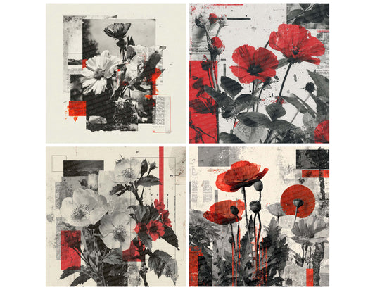 Red Protest Floral Collage Background Digital Paper Pack (DDD000098)