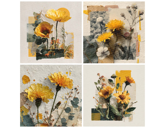 Yellow Overprint Floral Collage Background Digital Paper Pack (DDD000100)