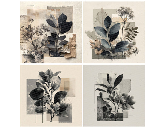 Preview layout showing Charcoal Botanical Collage papers arranged as background pages for junk journals and mixed media crafts