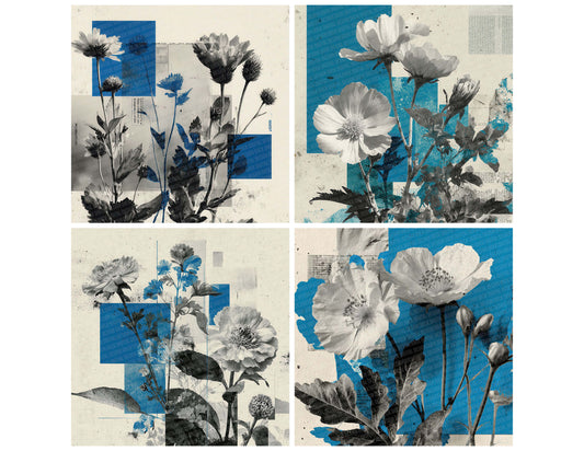 Preview layout showing Cyan Overprint Floral Collage papers arranged as background pages for junk journals and mixed media crafts