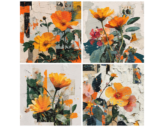 Preview layout showing Orange Overprint Floral Collage papers arranged as background pages for junk journals and mixed media crafts
