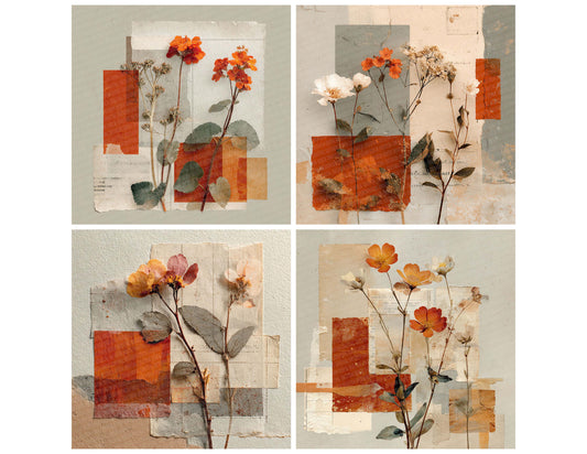 Preview layout showing Rust Archive Floral Collage papers arranged as background pages for junk journals and mixed media crafts