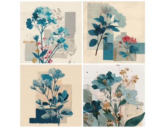 Preview layout showing Teal Archive Floral Collage papers arranged as background pages for junk journals and mixed media crafts