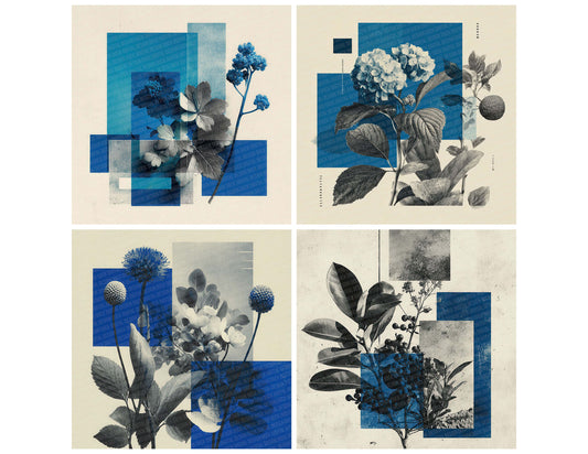Preview layout showing Blue Editorial Botanical Collage papers arranged as background pages for junk journals and mixed media crafts