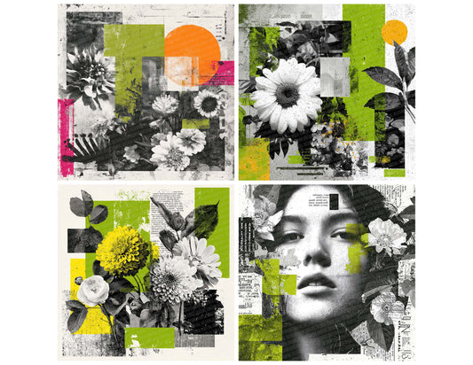 Preview layout showing Green Zine Floral Collage papers arranged as background pages for junk journals and mixed media crafts