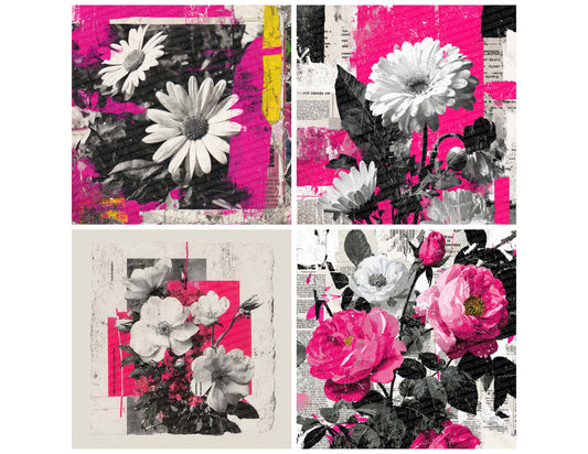 Preview layout showing Punk Pink Floral Collage papers arranged as background pages for junk journals and mixed media crafts