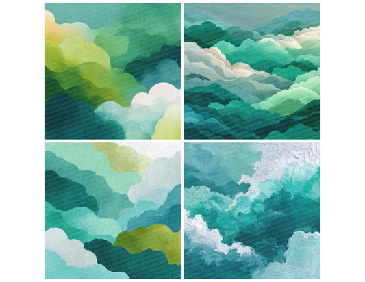 Preview layout showing Seafoam Abstract Script Cloud papers arranged as background pages for junk journals and mixed media crafts