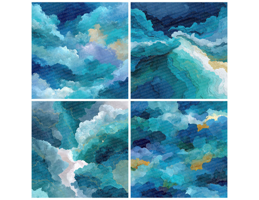 Preview layout showing Blue Abstract Script Cloud papers arranged as background pages for junk journals and mixed media crafts