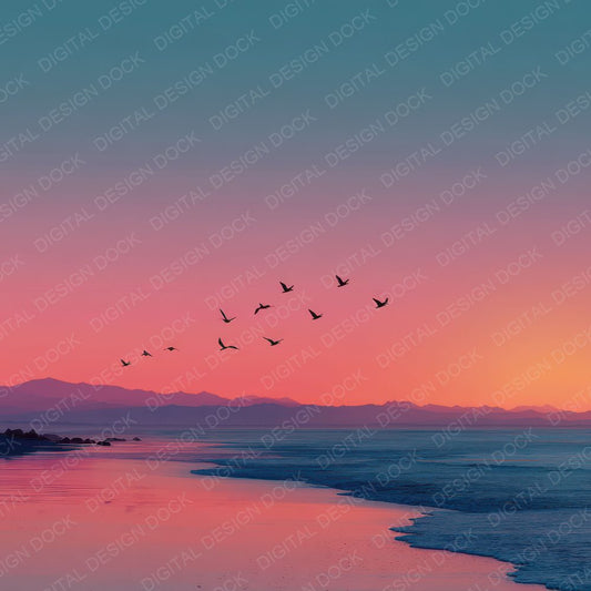 Birds Over Beach Sunset Background Digital Paper Pack (DDD000262)
