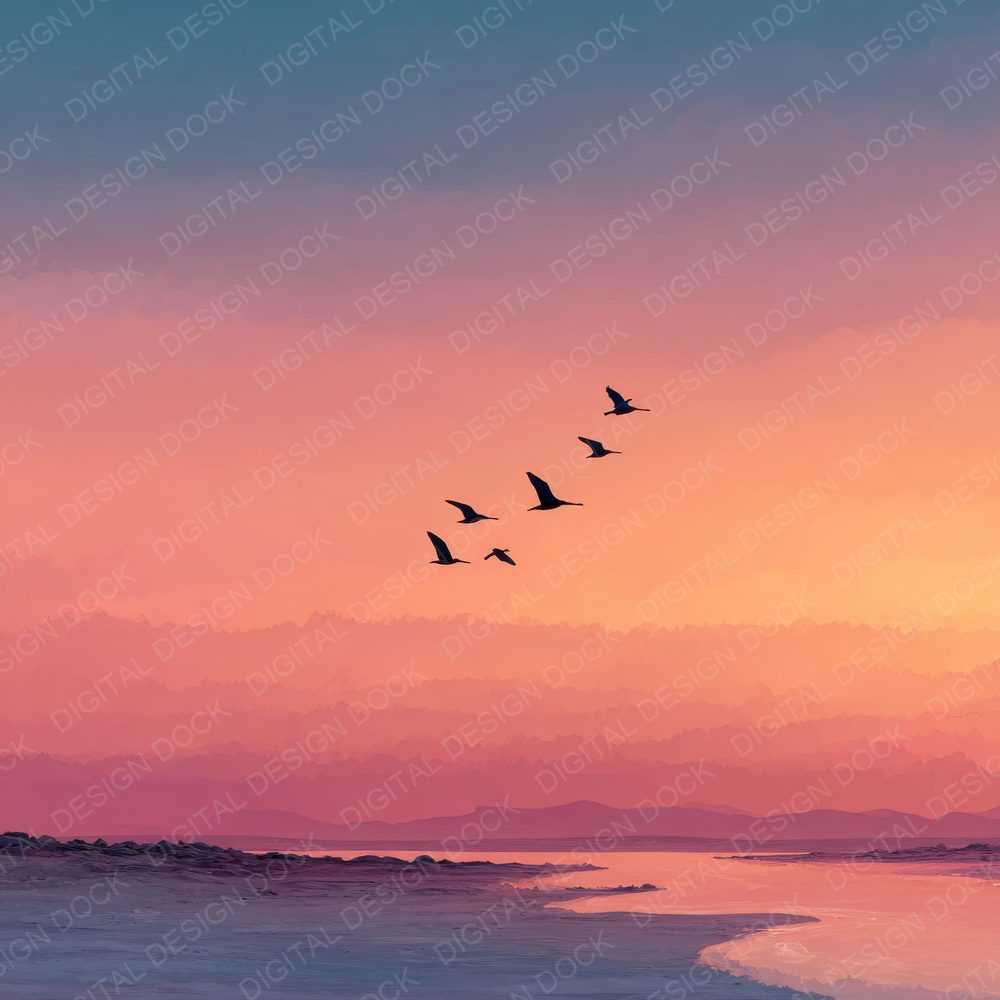 Birds Over Beach Sunset Background Digital Paper Pack (DDD000262)