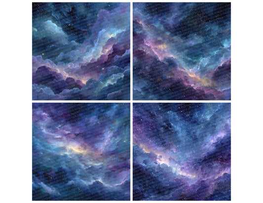 Preview layout showing Painterly Galaxy Texture papers arranged as background pages for junk journals and mixed media crafts
