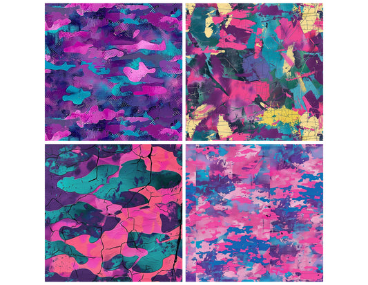 Preview layout showing 80s Colourful Camouflage papers arranged as background pages for junk journals and mixed media crafts