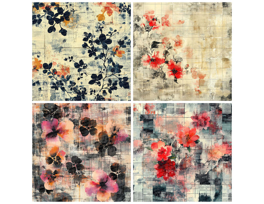 Preview layout showing Abstract Grid Florals papers arranged as background pages for junk journals and mixed media crafts