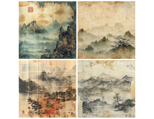 Preview layout showing Aged Chinese Scrolls papers arranged as background pages for junk journals and mixed media crafts