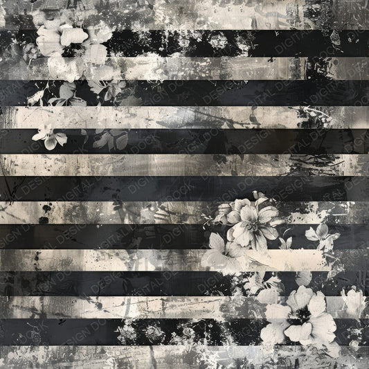 Black and Silver Floral Stripes Digital Paper Pack (DDD000375)