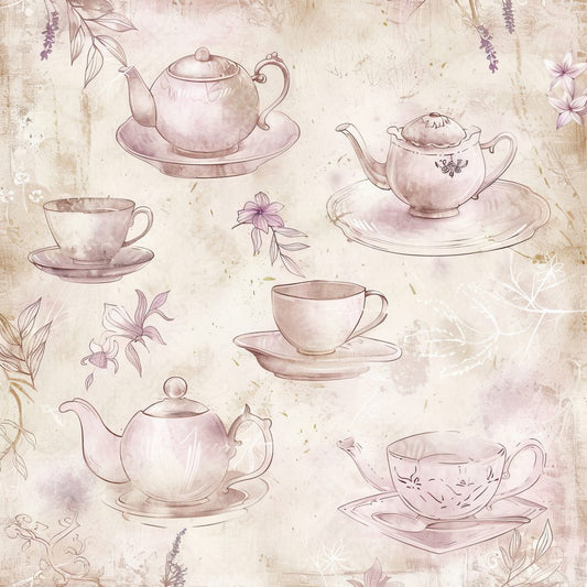 Cream Floral Teacups Digital Paper Pack (DDD000432)