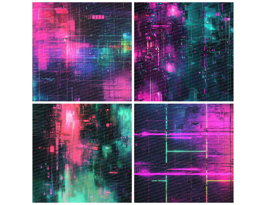Preview layout showing Cyberpunk Neon Grid papers arranged as background pages for junk journals and mixed media crafts