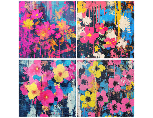 Preview layout showing Dripping Neon Florals papers arranged as background pages for junk journals and mixed media crafts