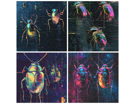 Preview layout showing Glitch Beetle Swarm papers arranged as background pages for junk journals and mixed media crafts