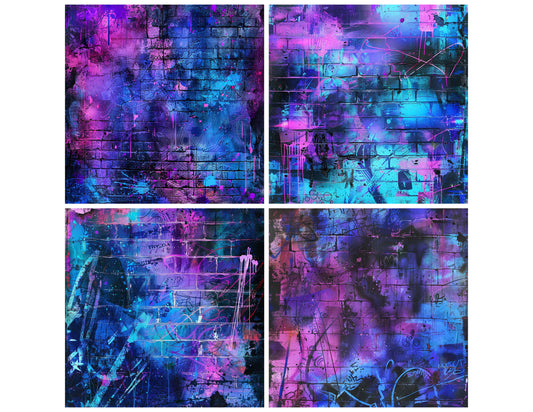 Preview layout showing Neon Graffiti Wall papers arranged as background pages for junk journals and mixed media crafts