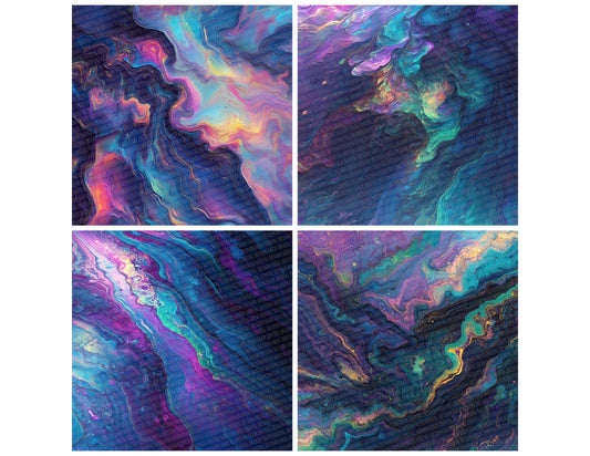 Preview layout showing Neon Liquid Flow papers arranged as background pages for junk journals and mixed media crafts