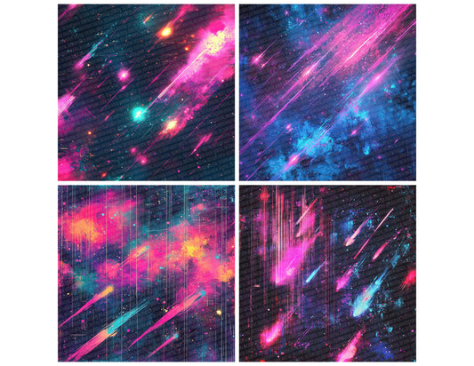 Preview layout showing Neon Meteor Shower papers arranged as background pages for junk journals and mixed media crafts