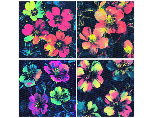 Preview layout showing Neon Night Flowers papers arranged as background pages for junk journals and mixed media crafts