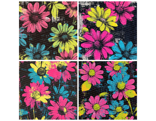 Preview layout showing Neon Pop Flowers papers arranged as background pages for junk journals and mixed media crafts