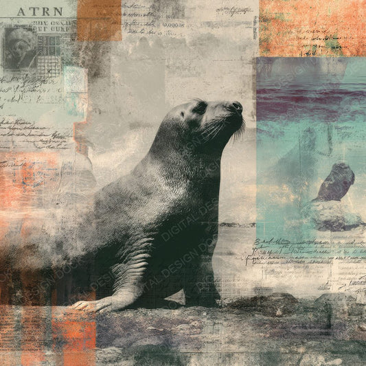 Collage Elephant Seal Oceanic Map Digital Paper Pack (DDD001055)