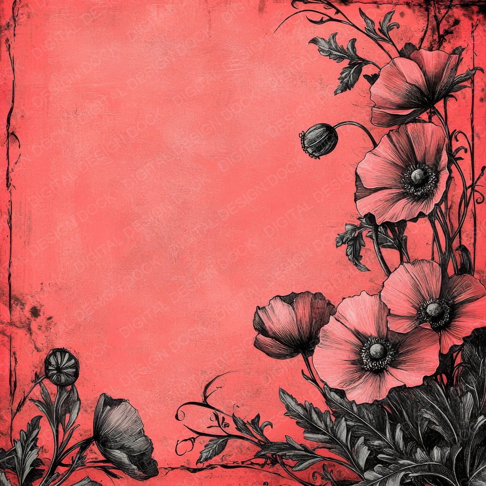Coral Poppy Border Digital Paper Pack (DDD001251)