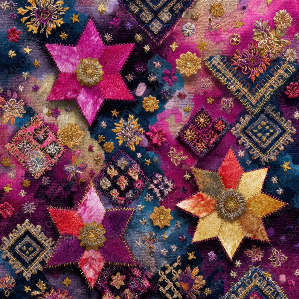 Folk Patch Embroidered Dye Clash Digital Paper Pack (DDD001764)