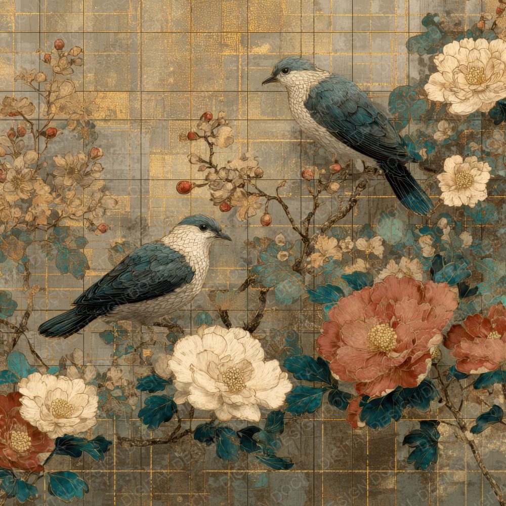 Jakuchu Floral Grid Gold Pigment Digital Paper Pack (DDD002194)