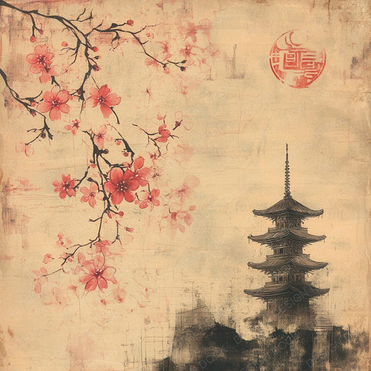 Japan Cherry Blossom Pagoda Digital Paper Pack (DDD002195)