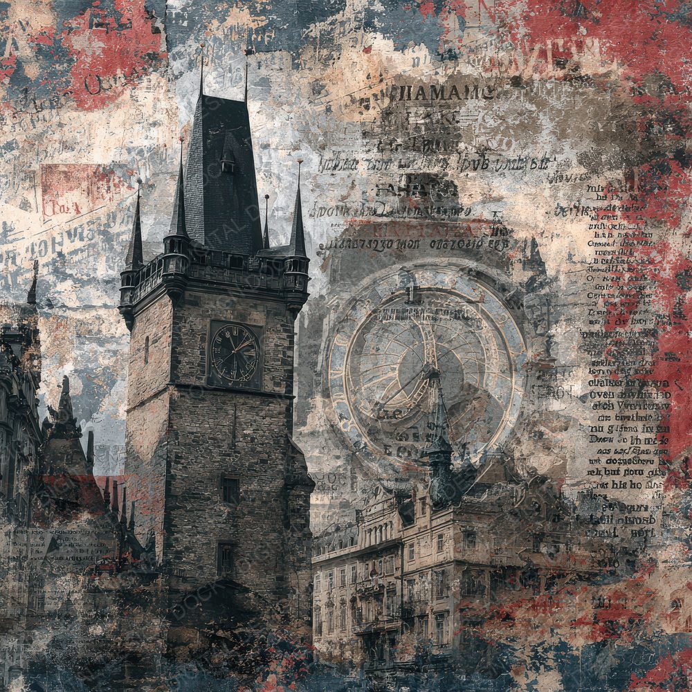 Prague Collage Clock Stone Gothic Digital Paper Pack (DDD003062)