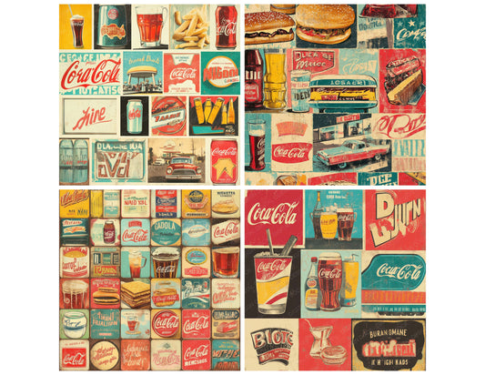 Preview layout showing Retro Vintage Ads papers arranged as background pages for junk journals and mixed media crafts