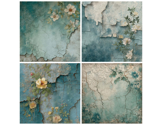 Preview layout showing Teal Lace Peeling Floral Texture papers arranged as background pages for junk journals and mixed media crafts