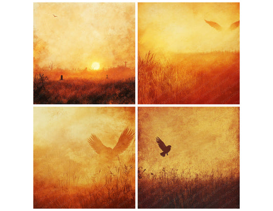 Preview layout showing Tomb Sunrise Grain Field papers arranged as background pages for junk journals and mixed media crafts