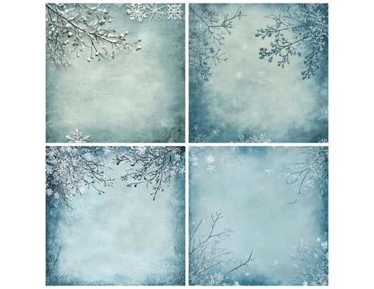 Preview layout showing Winter Frost Branch Shadow papers arranged as background pages for junk journals and mixed media crafts
