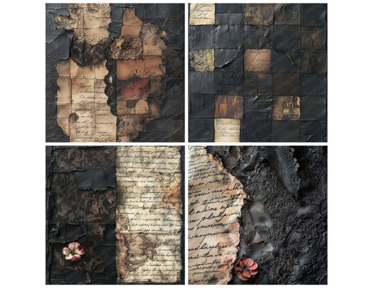 Preview layout showing Worn Lace Stitches papers arranged as background pages for junk journals and mixed media crafts