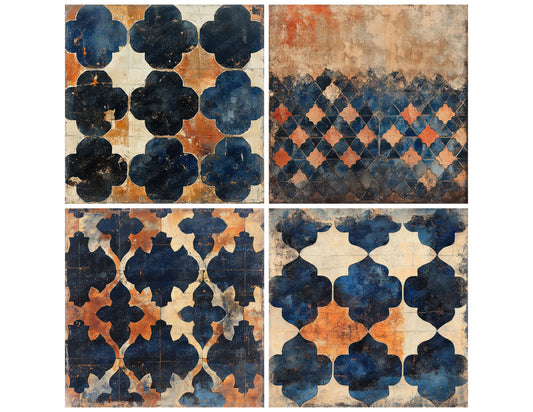 Preview layout showing Worn Moroccan Mosaics papers arranged as background pages for junk journals and mixed media crafts