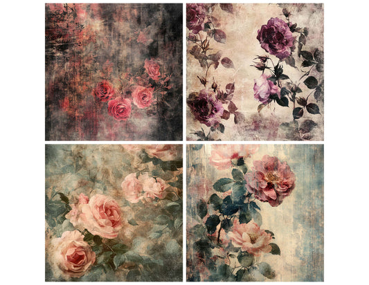 Preview layout showing Worn Velvet Roses papers arranged as background pages for junk journals and mixed media crafts