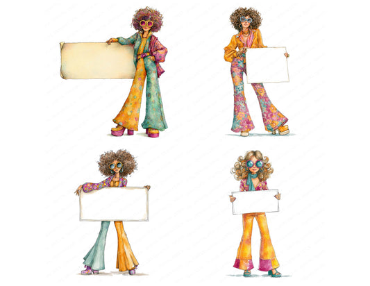 Preview layout showing 70s Disco Woman with Banner clipart elements for scrapbooking, junk journals, and card making