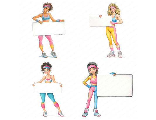 Preview layout showing 80s Workout Woman with Banner clipart elements for scrapbooking, junk journals, and card making