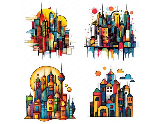 Preview layout showing Abstract Cityscape clipart elements for scrapbooking, junk journals, and card making