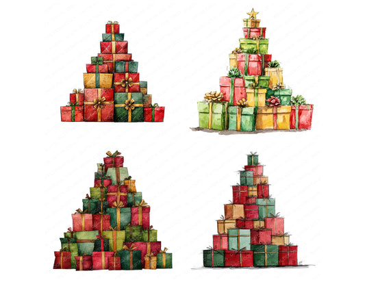 Preview layout showing Abstract Present Stack Christmas Tree clipart elements for scrapbooking, junk journals, and card making