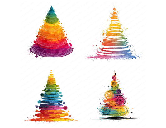 Preview layout showing Abstract Splash Rainbow Christmas Tree clipart elements for scrapbooking, junk journals, and card making