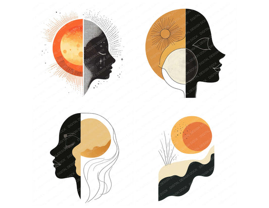 Preview layout showing Abstract Sun and Moon Face clipart elements for scrapbooking, junk journals, and card making